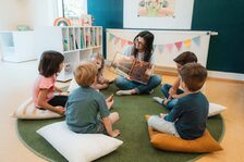Kinder, die in einem Sitzkreis zusammen lesen