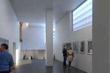 Bildergalerie Gutenberg-Museum der Zukunft, Genehmigungsplanung (Dezember 2017) Blick aus dem Bereich Druckerwerkstatt Blick aus dem Bereich Druckerwerkstatt in den unterirdisch gelegenen Teil des Neubaus.
