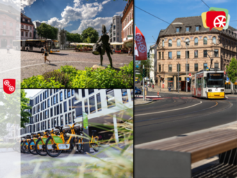 Collage Mainzer Stadtbild Bus, Straßenbahn und Mietradstation