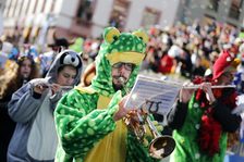 Ein Guggemusiker im Froschkostüm beim Rosenmontagszug